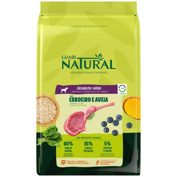 Ração Guabi Natural Cães Adultos Porte Médio Cordeiro e Aveia 12 kg